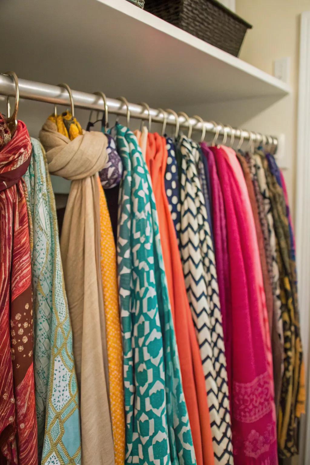 Tension rods maximize scarf storage in any closet.