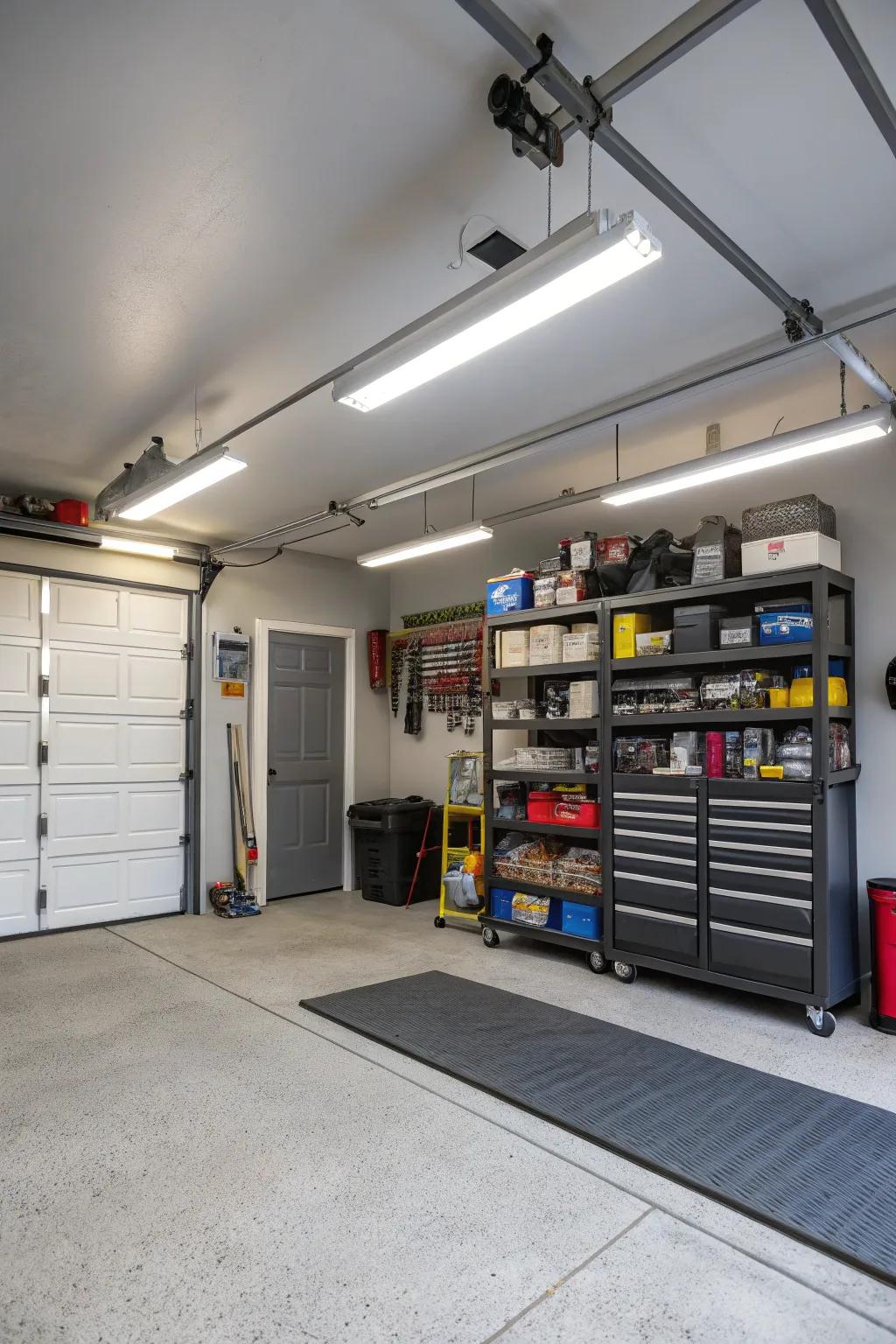 Bright and functional garage with industrial LED lighting