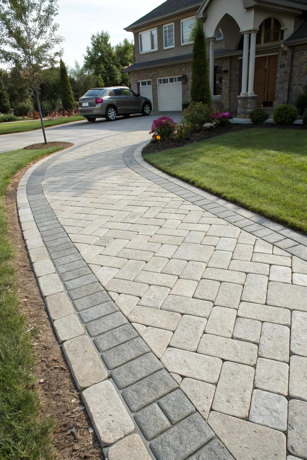 A cohesive style with connected paving blocks from entryway to driveway.