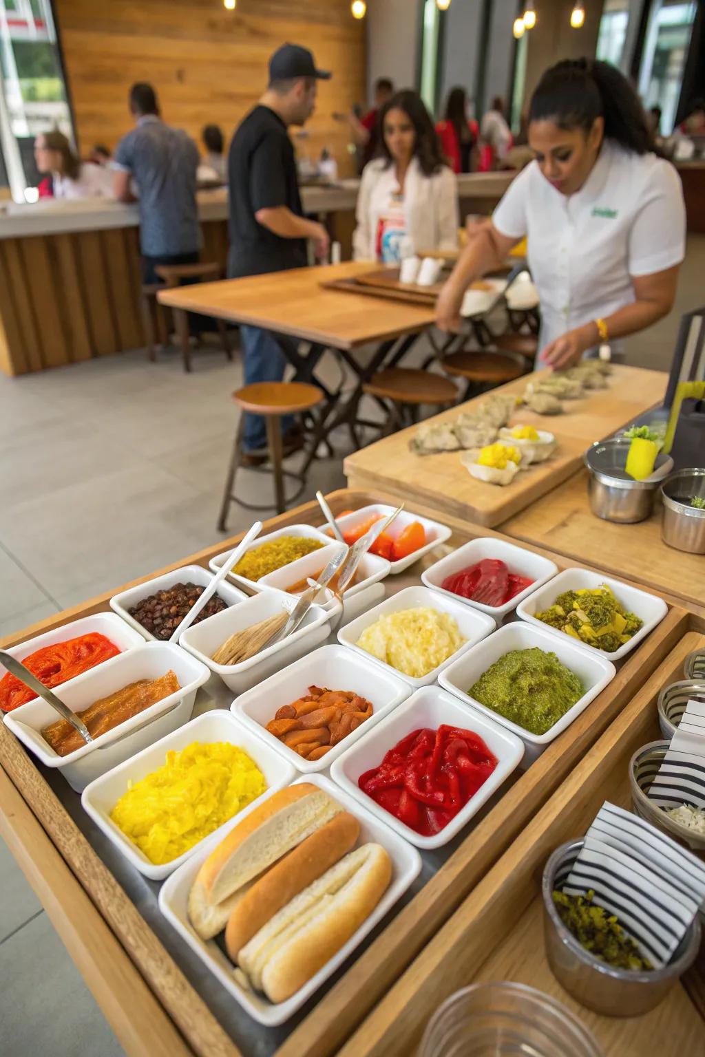 Let guests customize their meal with a hot dog bar.