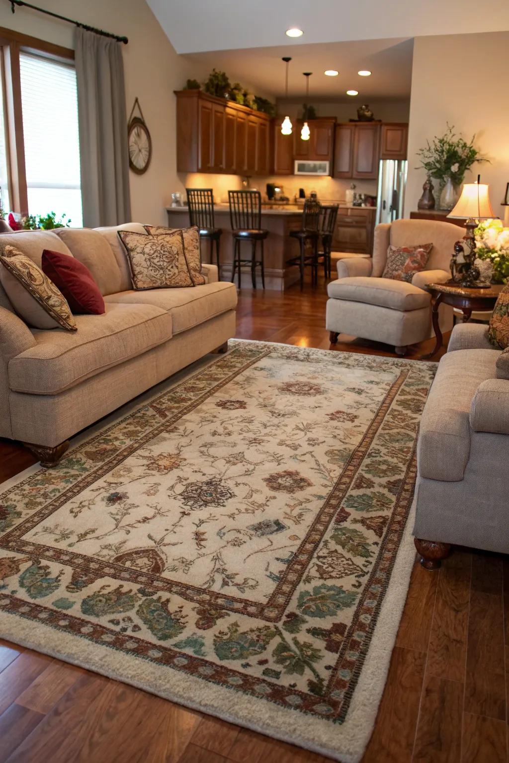 A rug defines zones within an open concept layout.