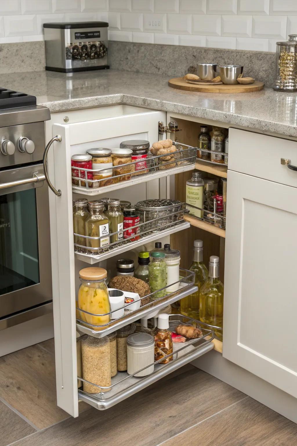 Swinging pull-outs offer easy access to deep corner cabinets.