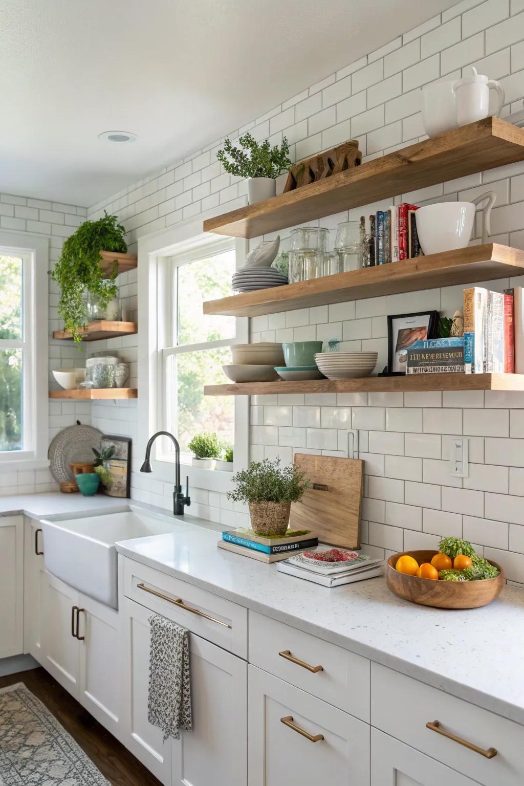 Irregular shelves introduce lively interest and creativity.