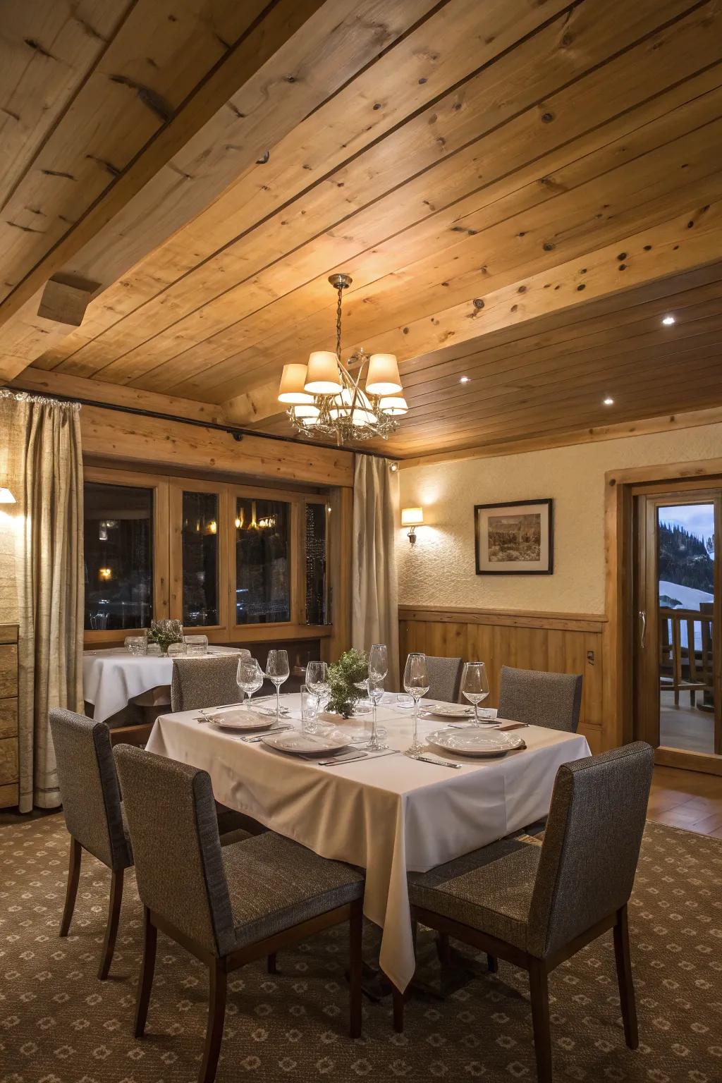 A dining space where knotty pine ceilings enhance the dining experience.