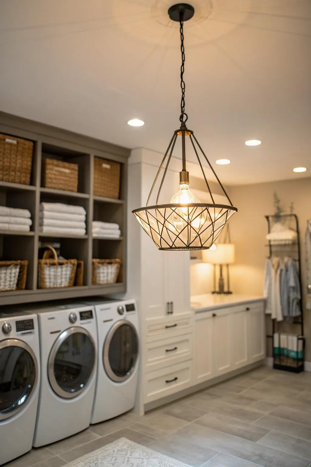 A stylish pendant light elevates the aesthetic of the laundry room.