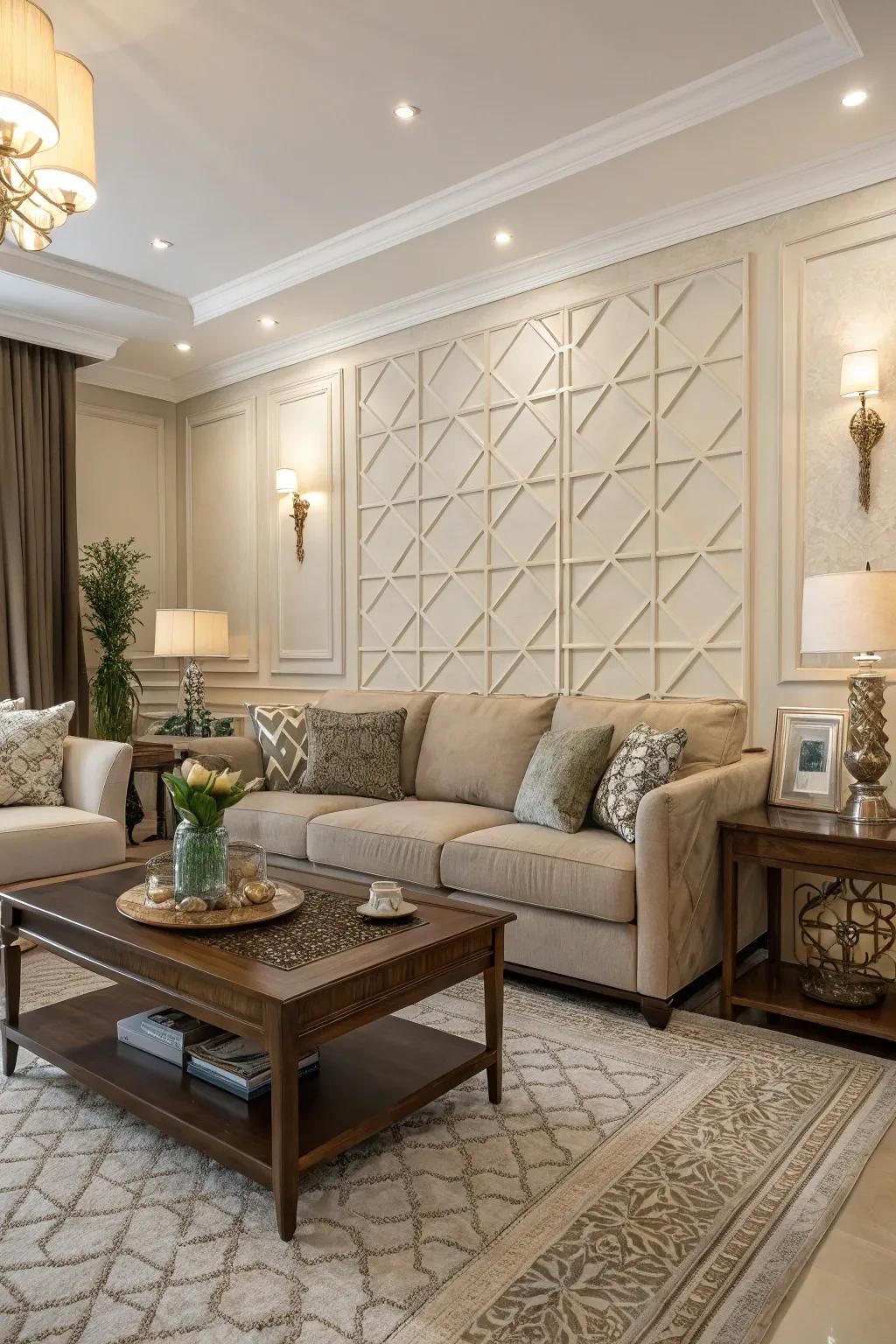 The unified furniture and accent wall enhance the overall balance of this area.