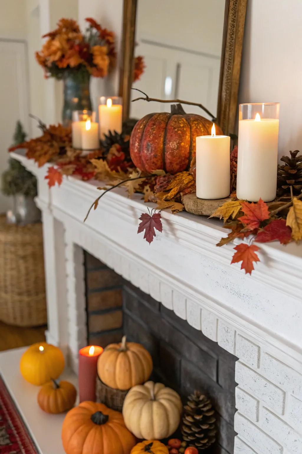 This fall-themed mantel design captivates and warms the atmosphere.