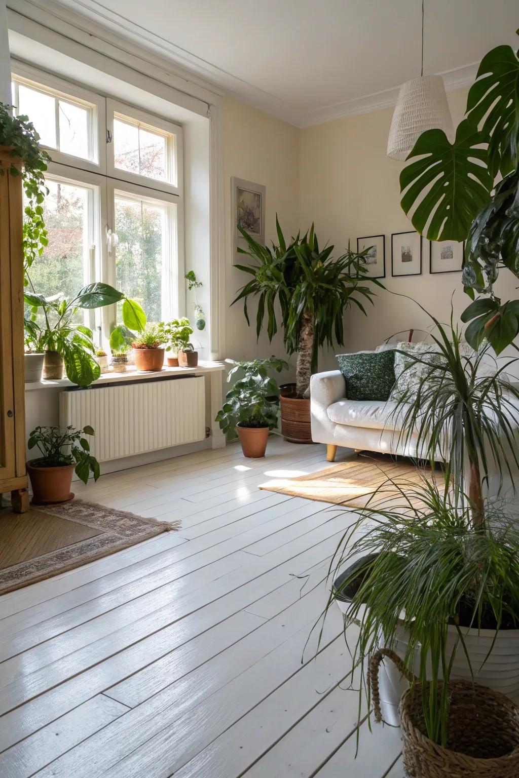 Abundant greenery gives a refreshing touch to a room with white wood floors.