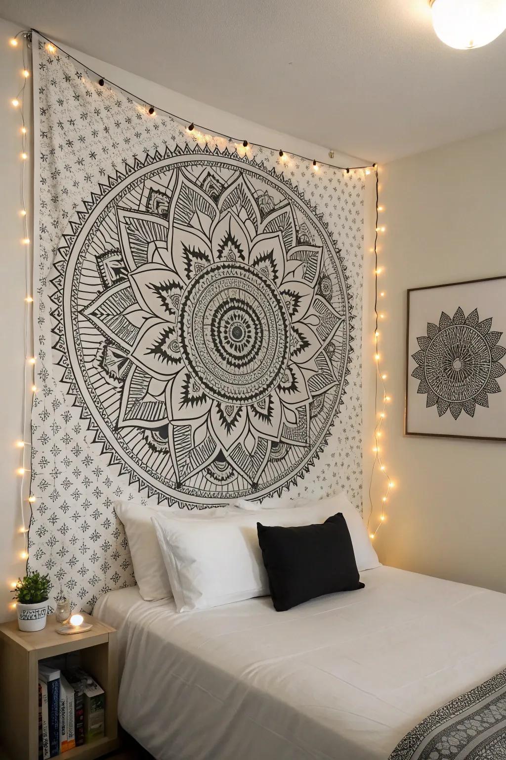 A monochrome mandala design adding elegance to a bedroom.