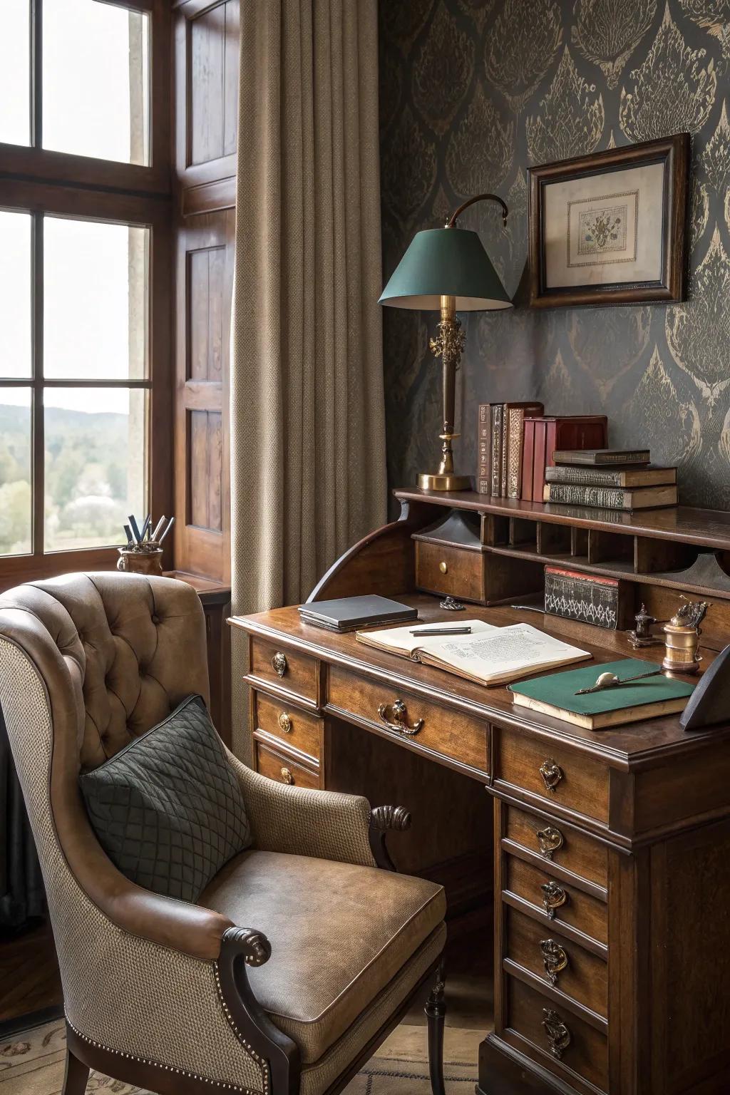 Leather look wallpaper adds a touch of luxury.