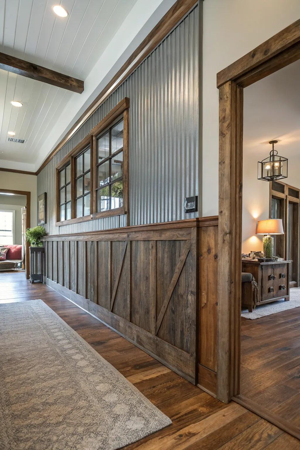 Mix metal wainscoting with natural materials for a balanced look.