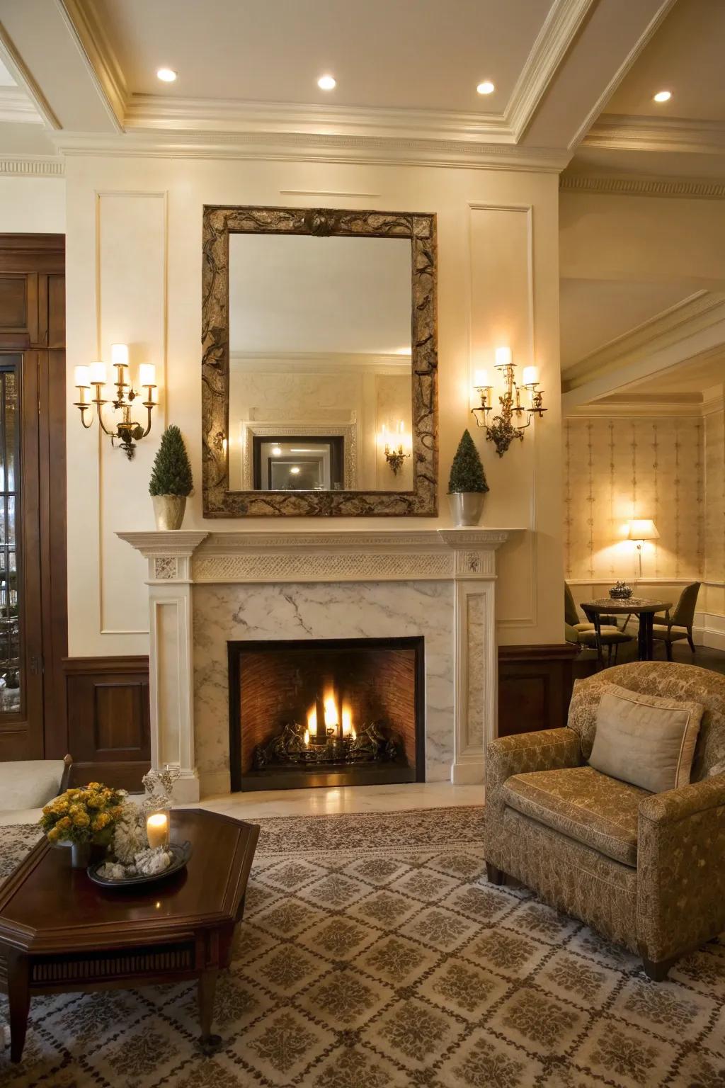 Sconces beside a reflection fashion a warm and inviting atmosphere.