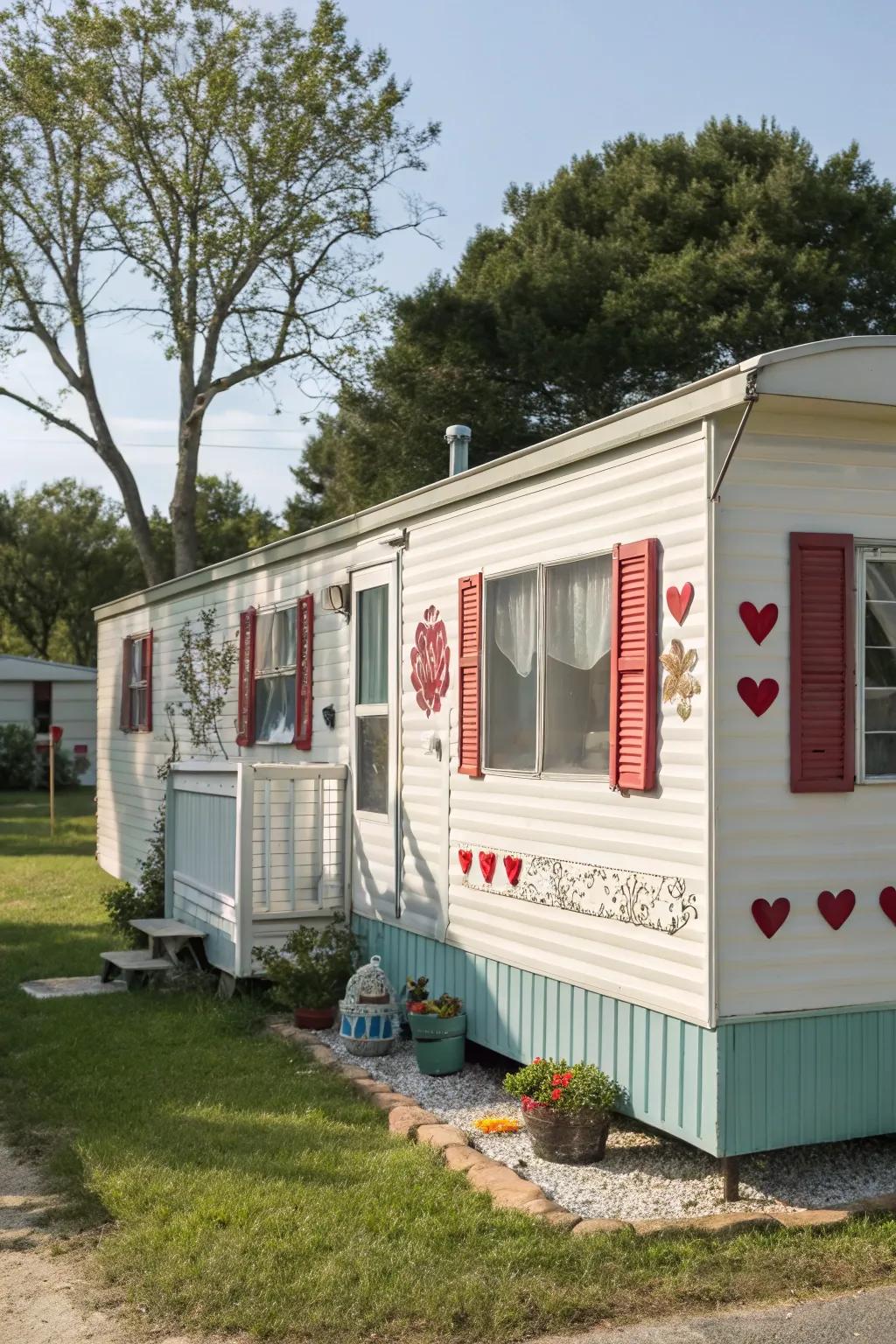 Playful cutouts on shutters adding charm to a mobile home.