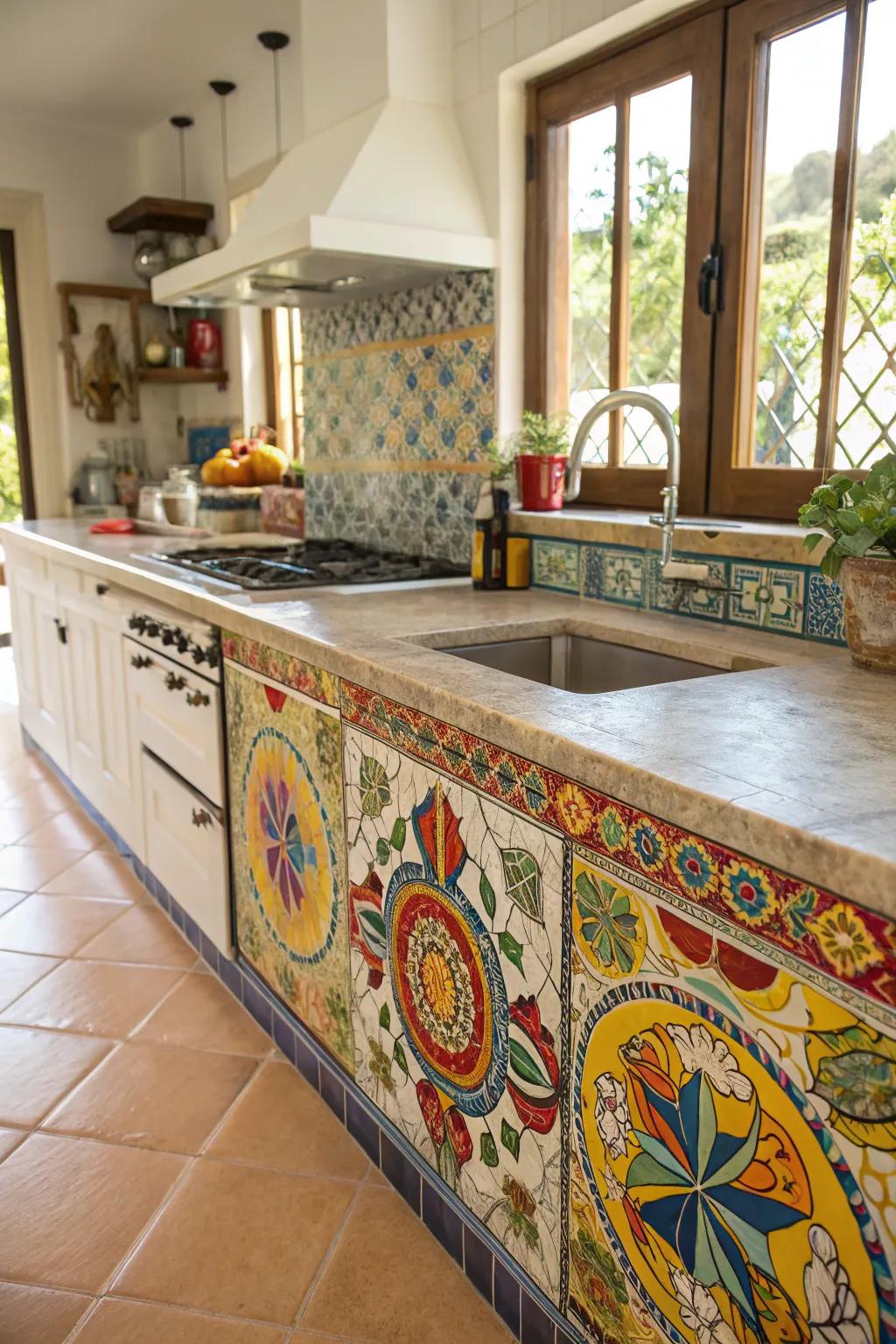 Vivid abstract tiles make this kitchen countertop a work of art.