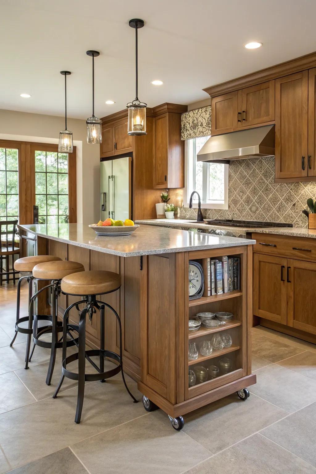 An island with a breakfast bar for many uses