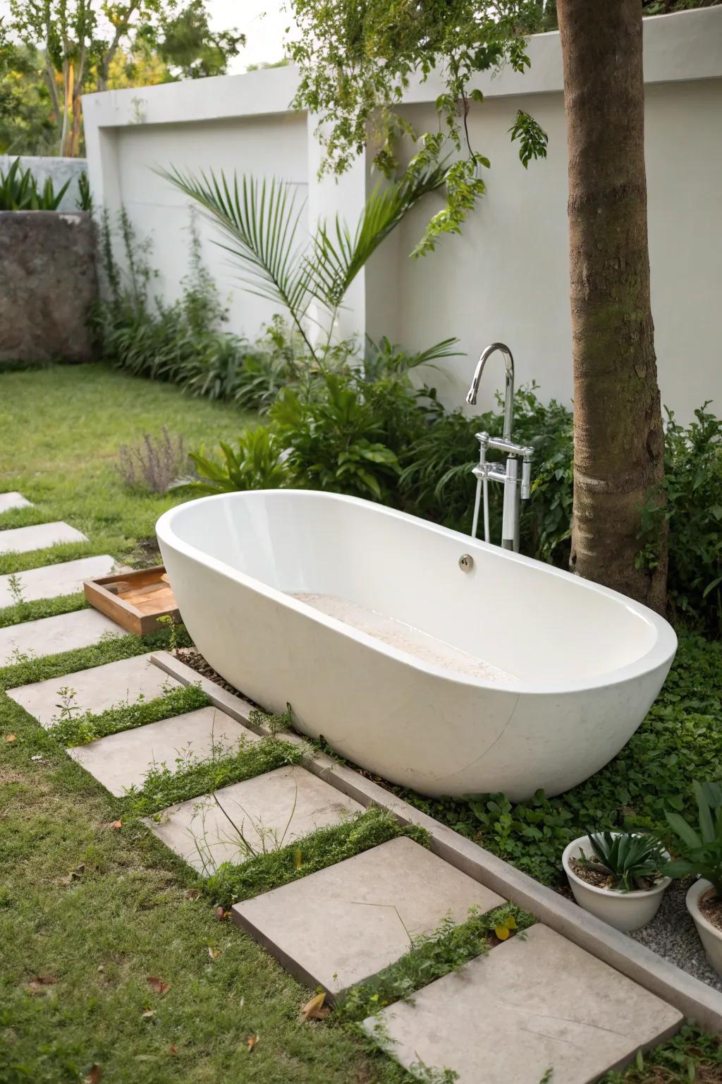 Embrace minimalist serenity with a sleek outdoor bathtub design.