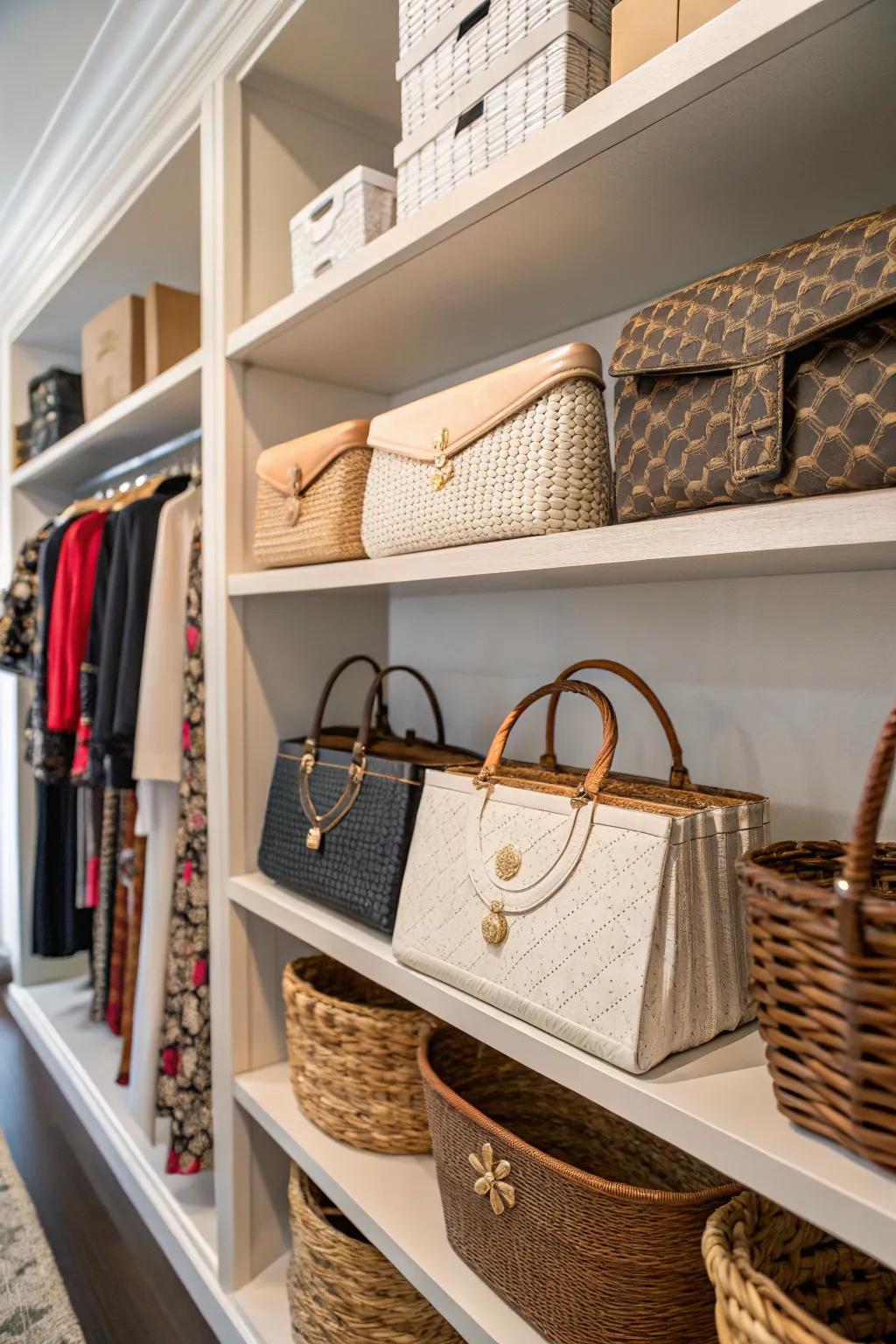 Baskets offer a charming way to store purses that are less structured.