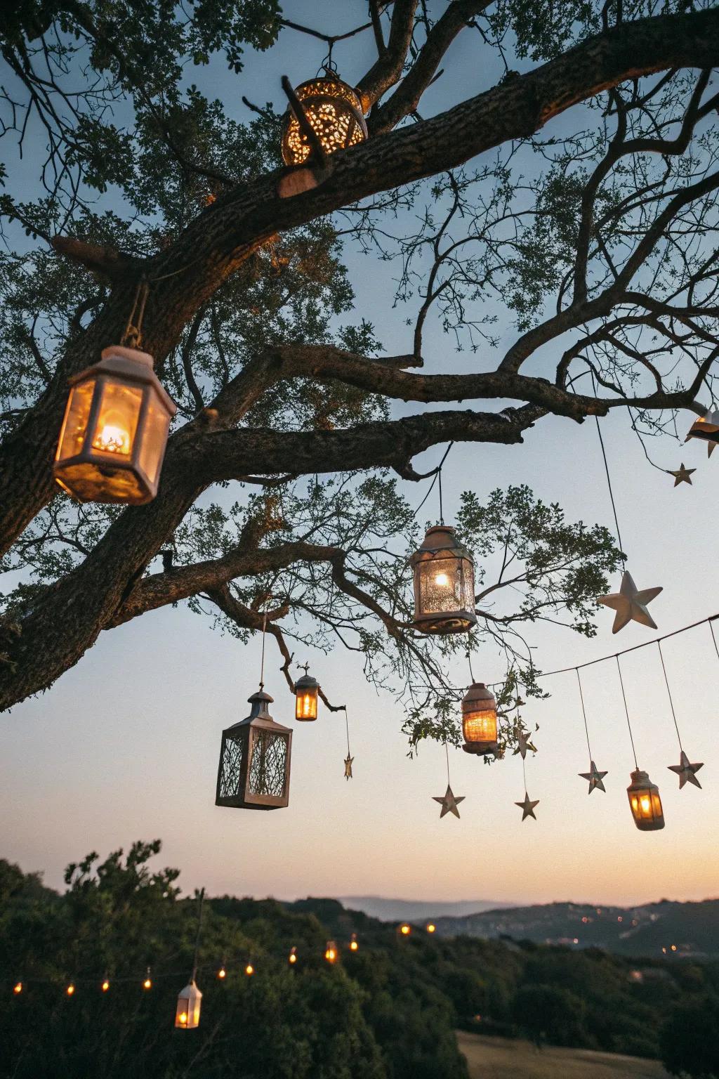 Embrace rustic charm with hanging lanterns.