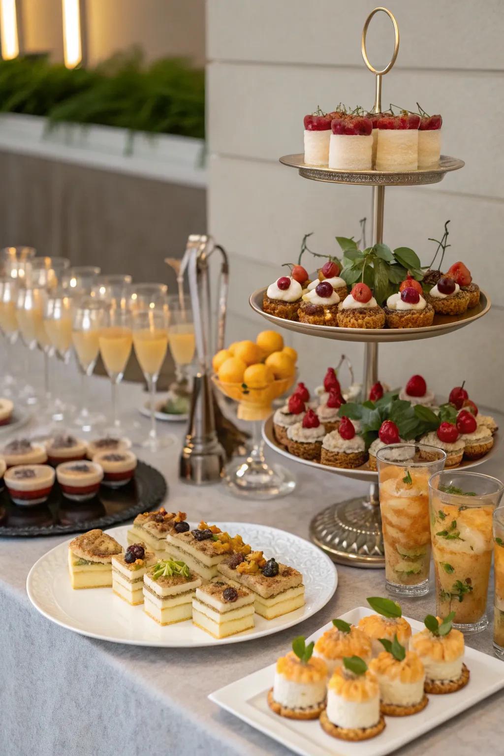 Chic presentation of food and drinks adds to the party's allure.