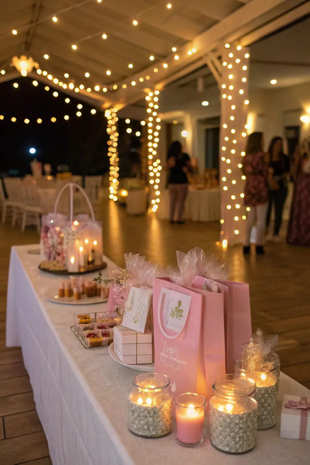 Party favor table featuring magical twinkling lights.