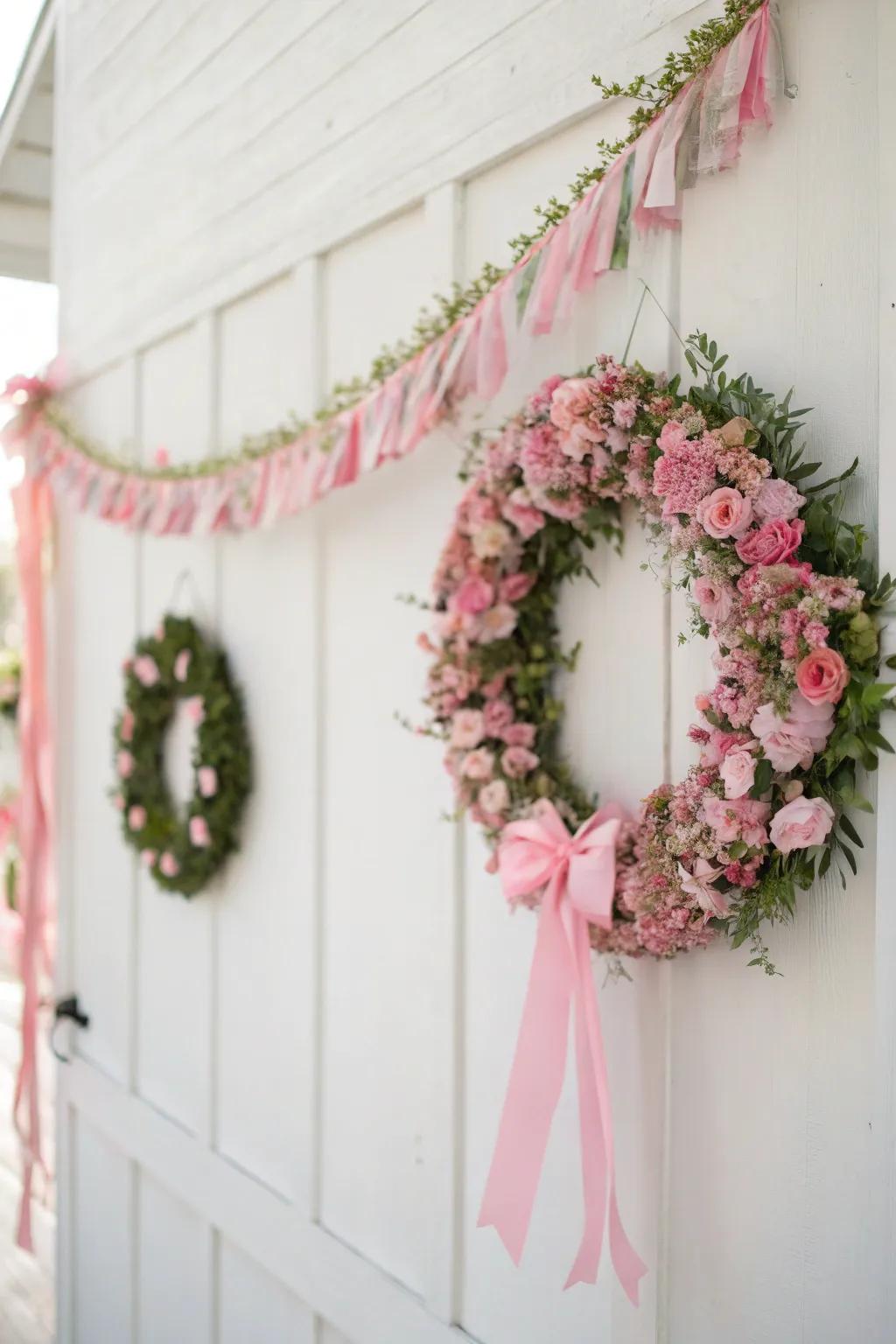 Pink wreaths and garlands add festive flair.