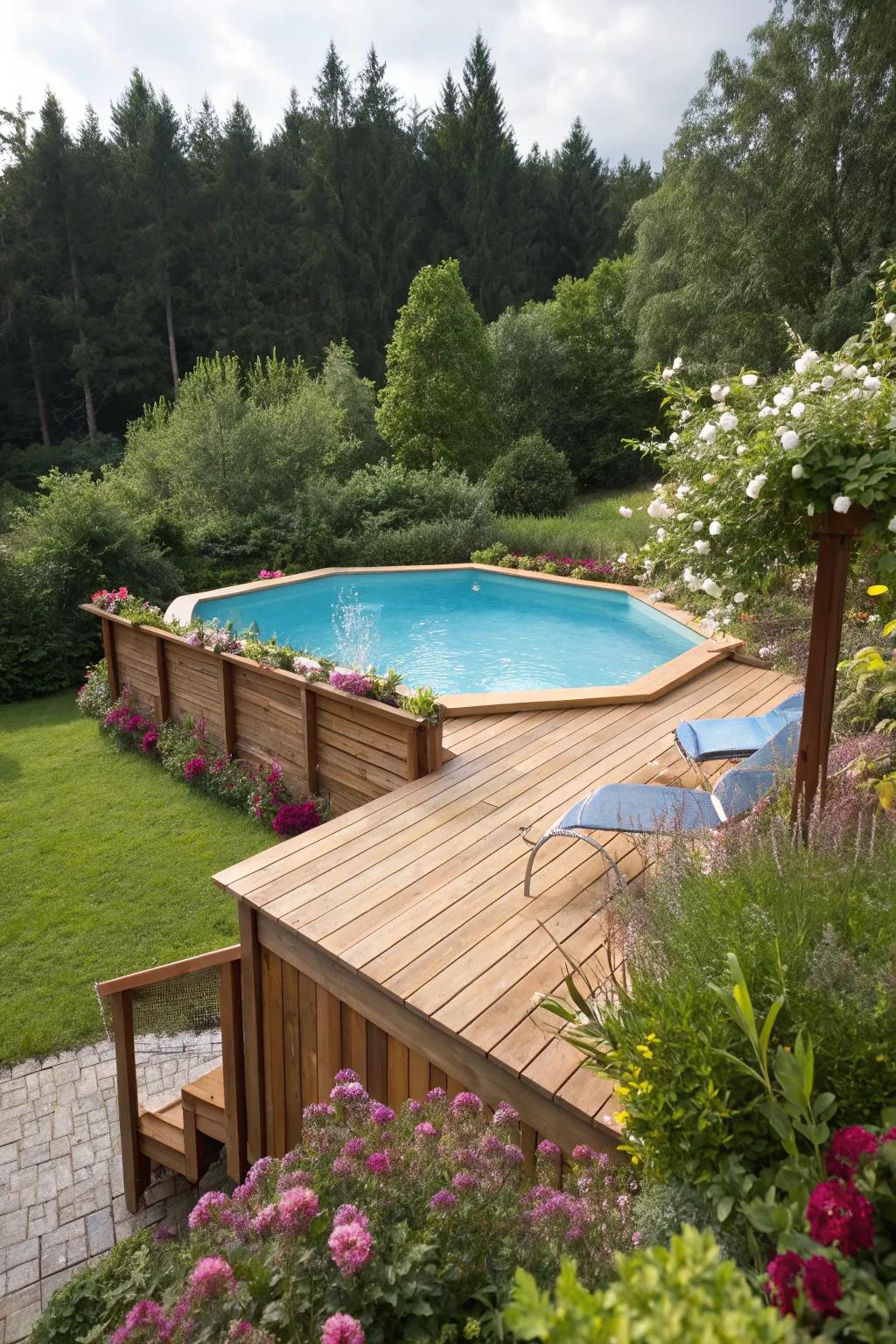 Make your pool better with a stylish deck for your above-ground pool.