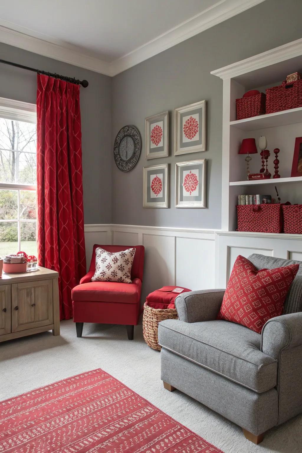 A room with a grey base and vibrant red accents.