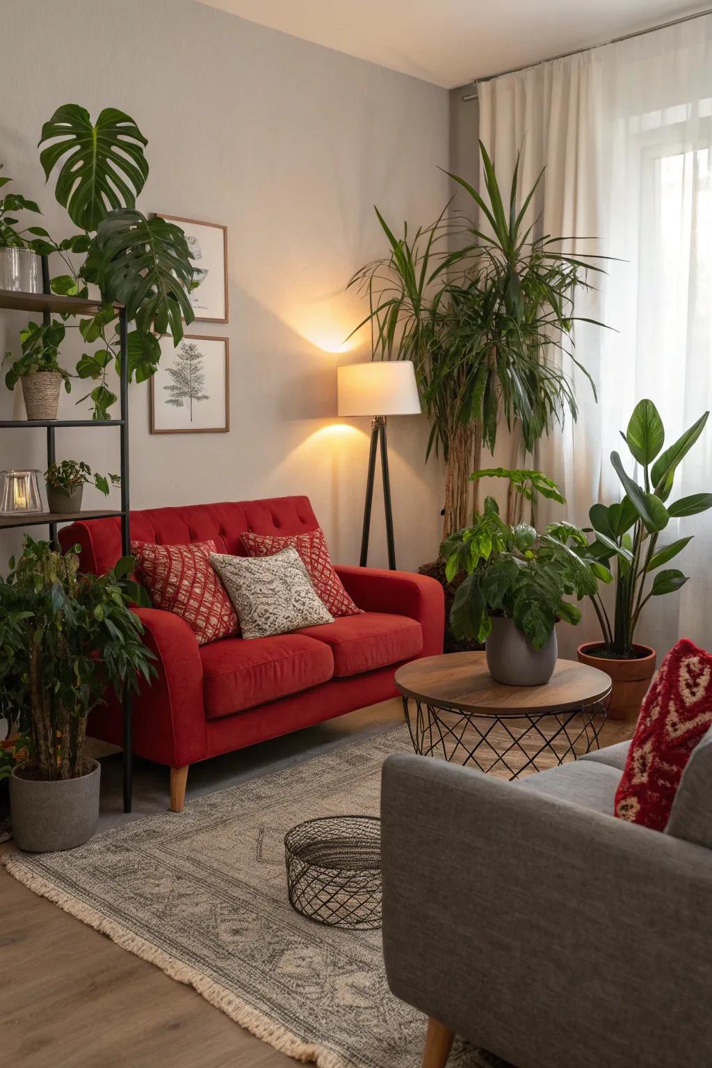 Greenery introduces a natural contrast to the red and grey palette.