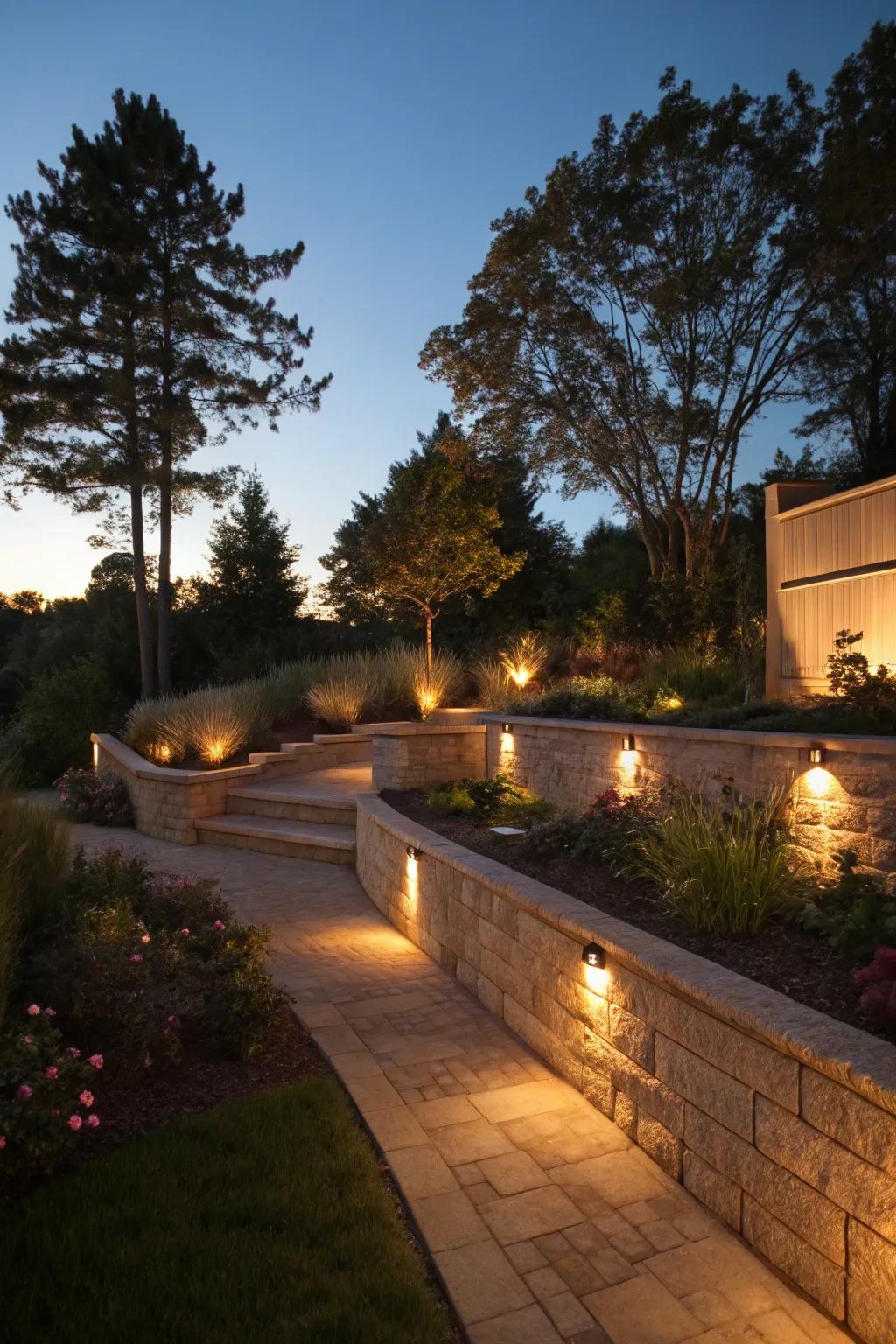 Retaining walls beautifully highlighted with decorative lighting.
