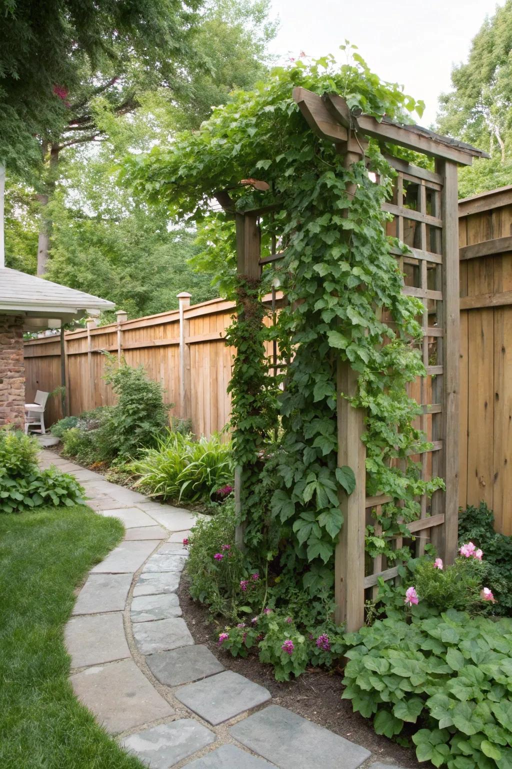 Trellises offer privacy and a vertical green element.