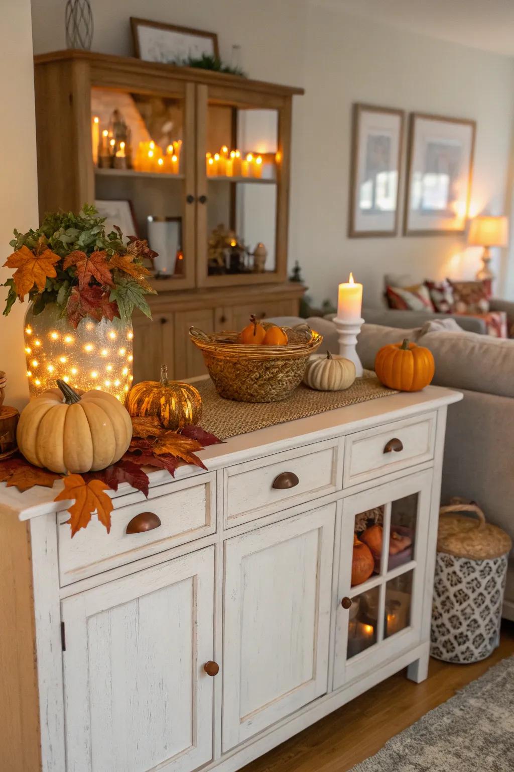 Seasonal touches on a sideboard, like pumpkins and leaves, give it a charm that fits the season.