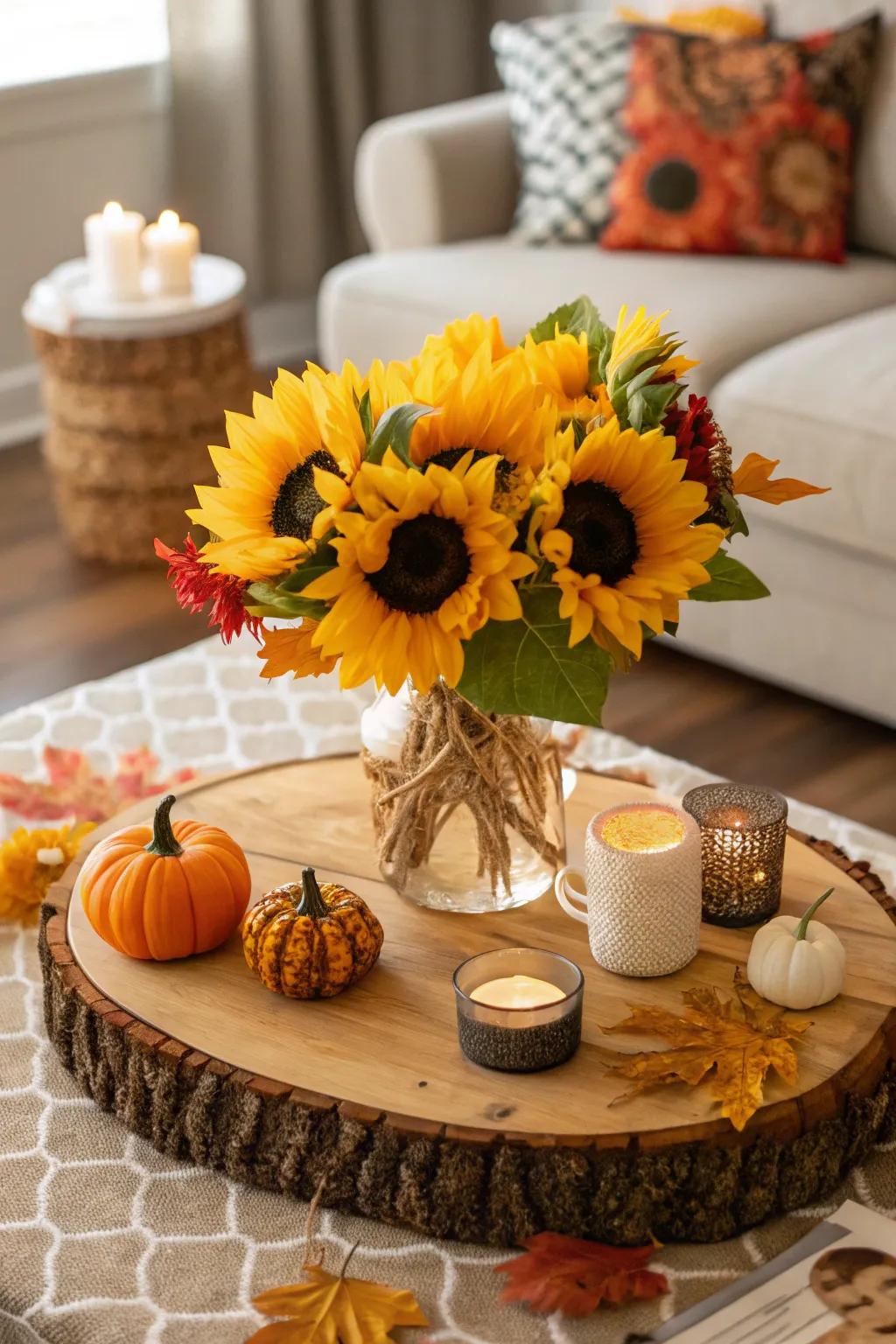 A wood slice base adds an organic feel to this sunflower arrangement.