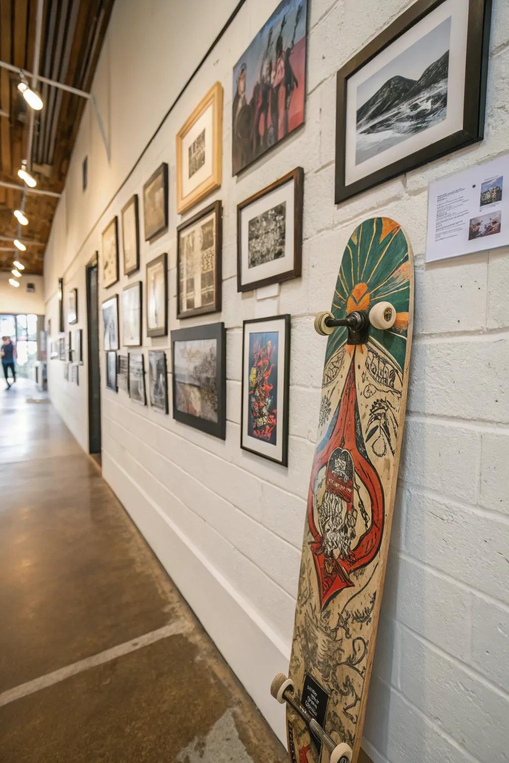 Create a dynamic gallery wall with skateboard art.