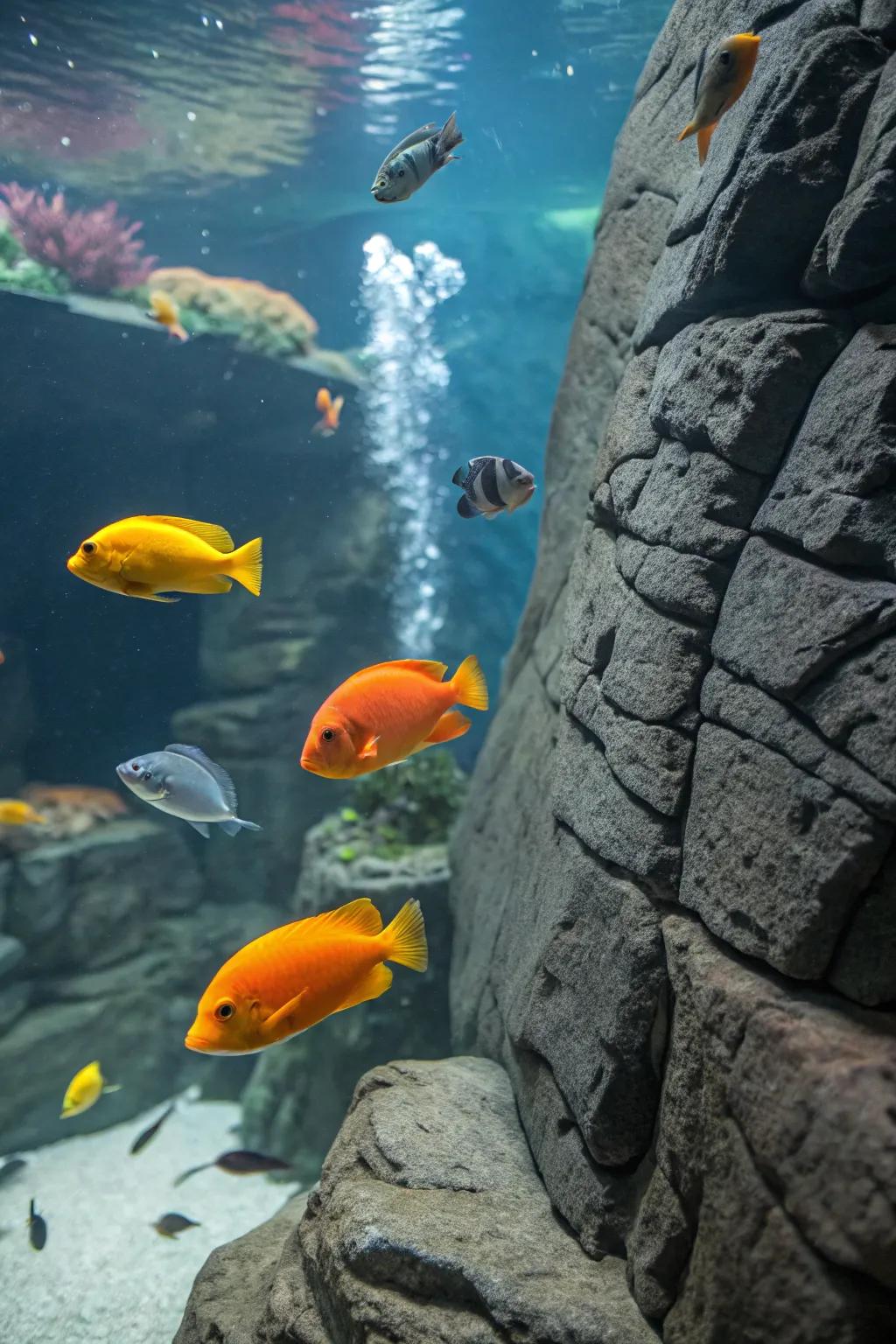 A textured stone backdrop enriches the depth of the aquarium.