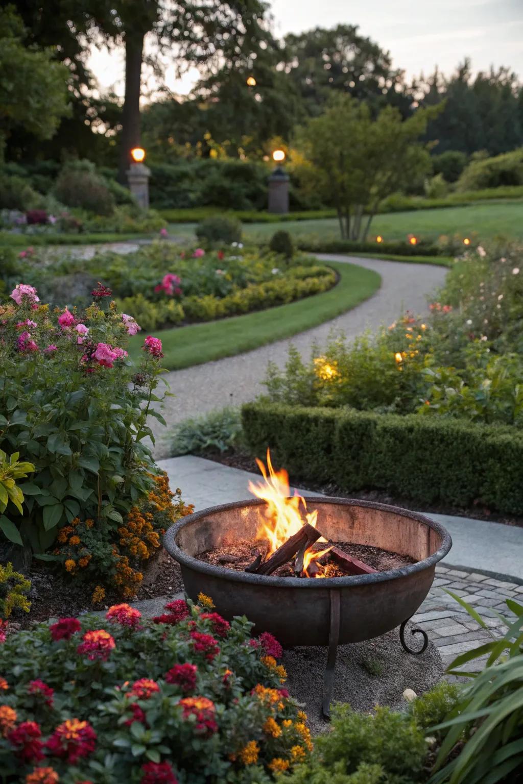 Enclosing the bonfire with plant life and blossoms creates a serene, natural vibe.