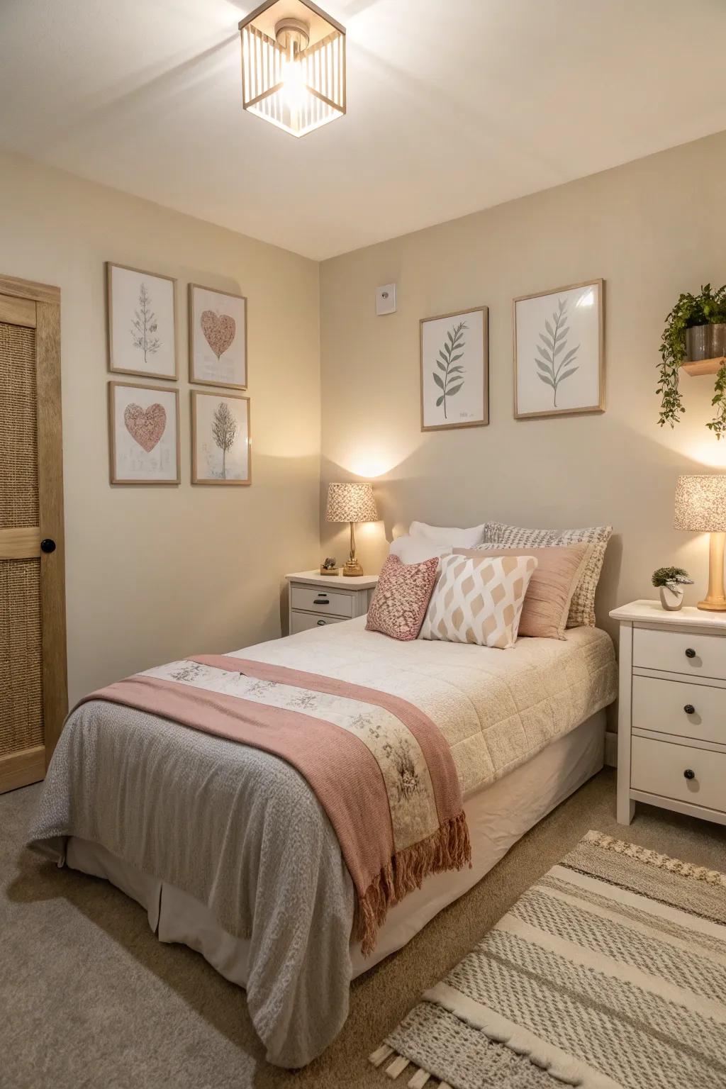 A small bedroom featuring a neutral and soft color palette to enhance spaciousness.