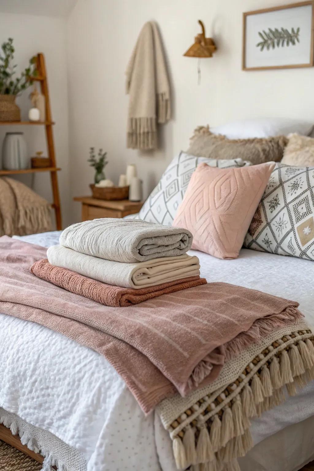 Cozy textiles enhance comfort in a small master bedroom.