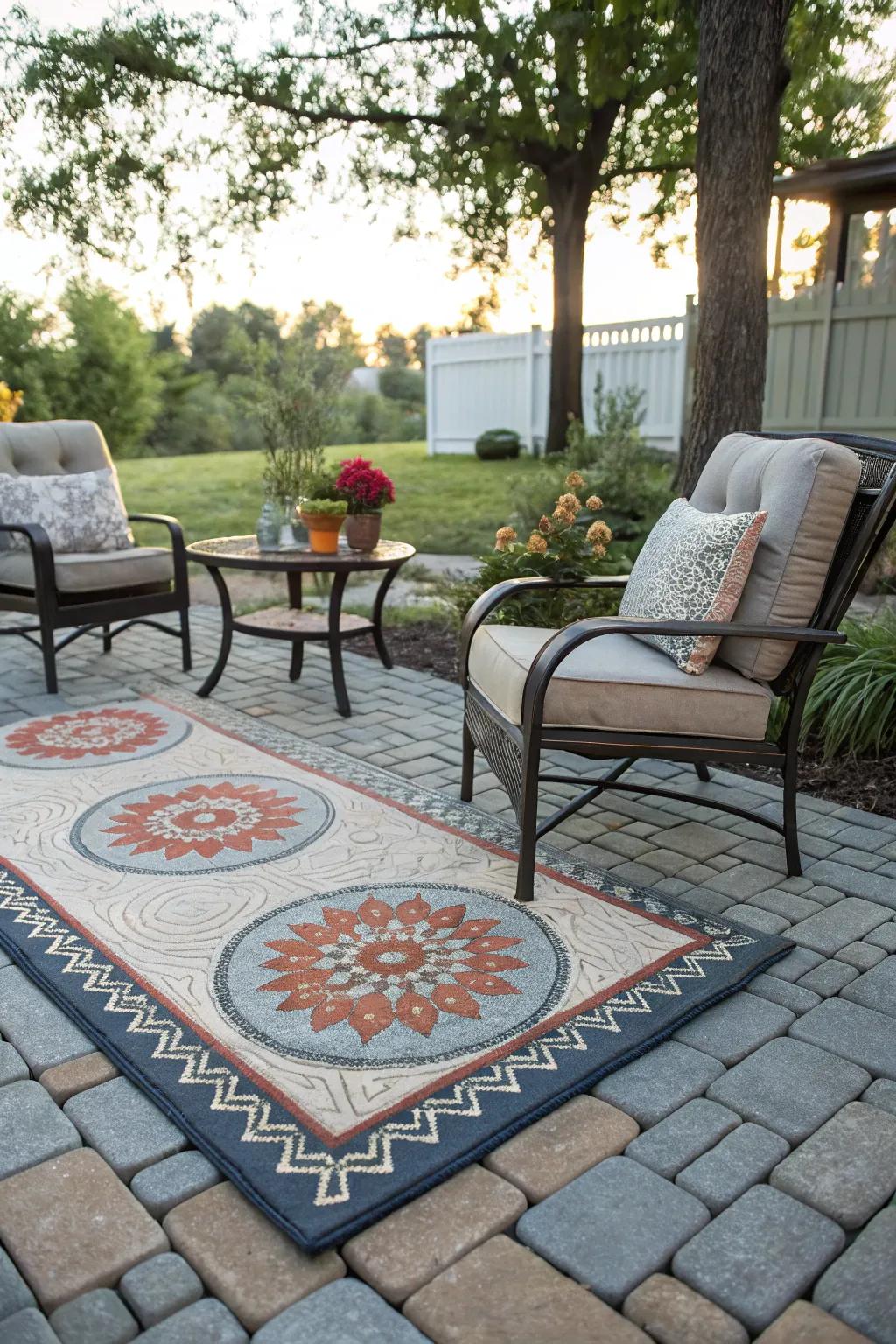 A cozy patio enhanced by a beautiful outdoor rug.