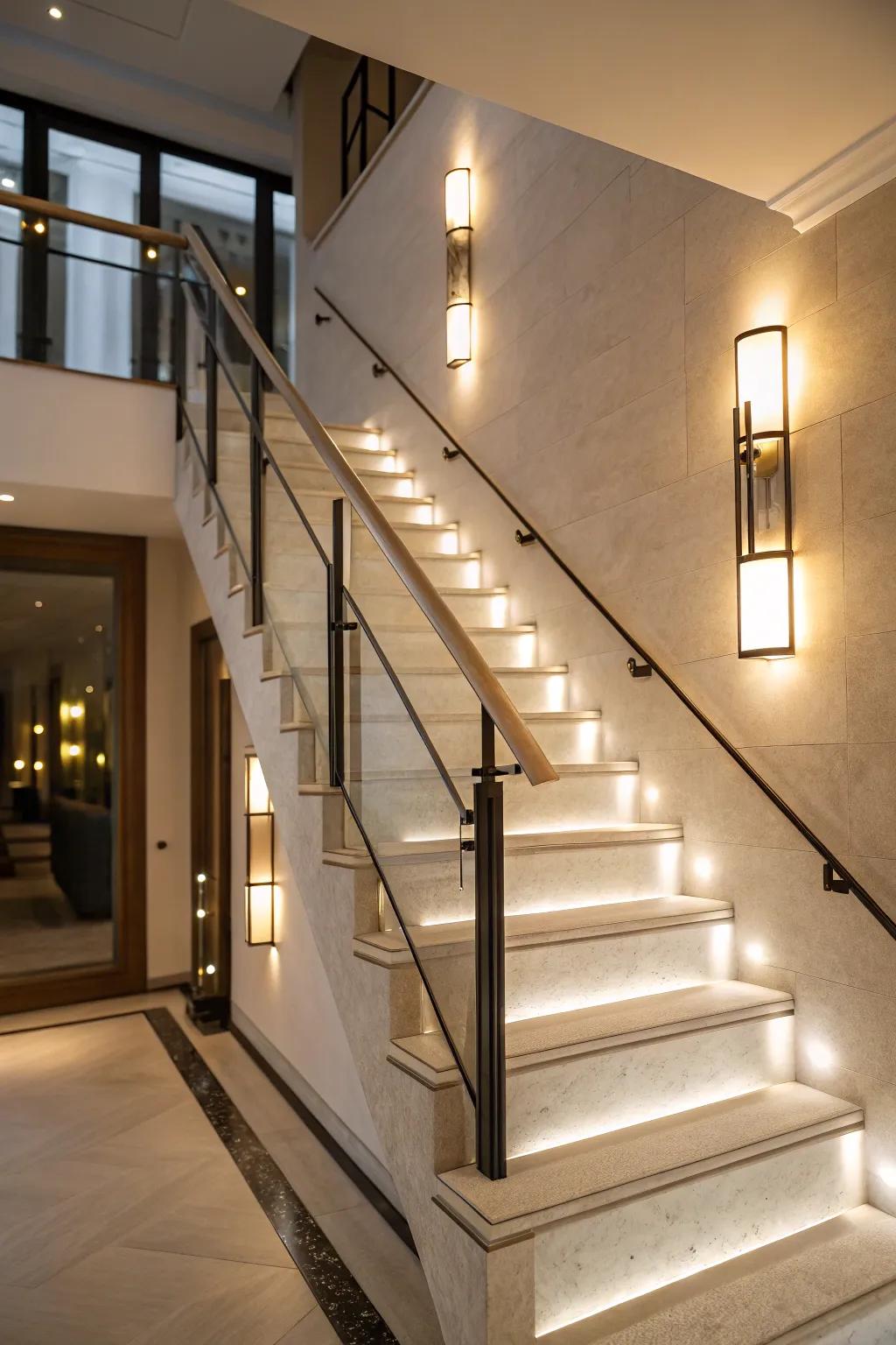 Lighting can dramatically enhance the staircase ambiance.