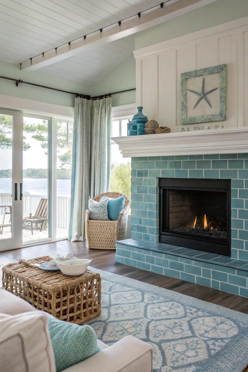 Subtle color variations in subway tiles create a soothing coastal vibe.