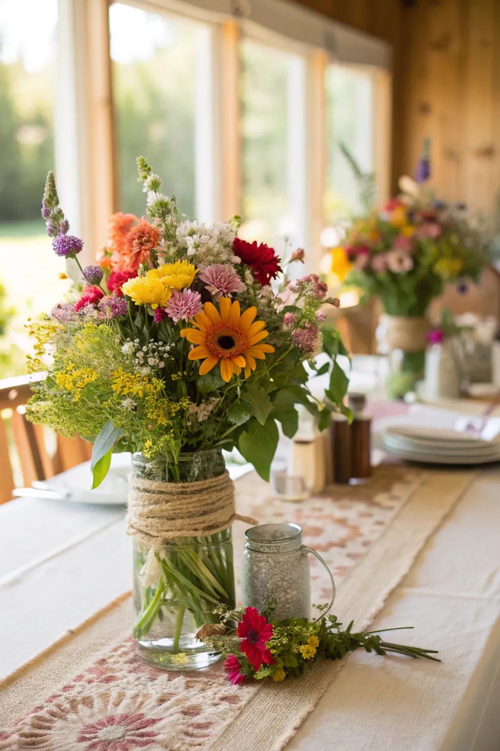 A table showing off DIY floral centerpieces.