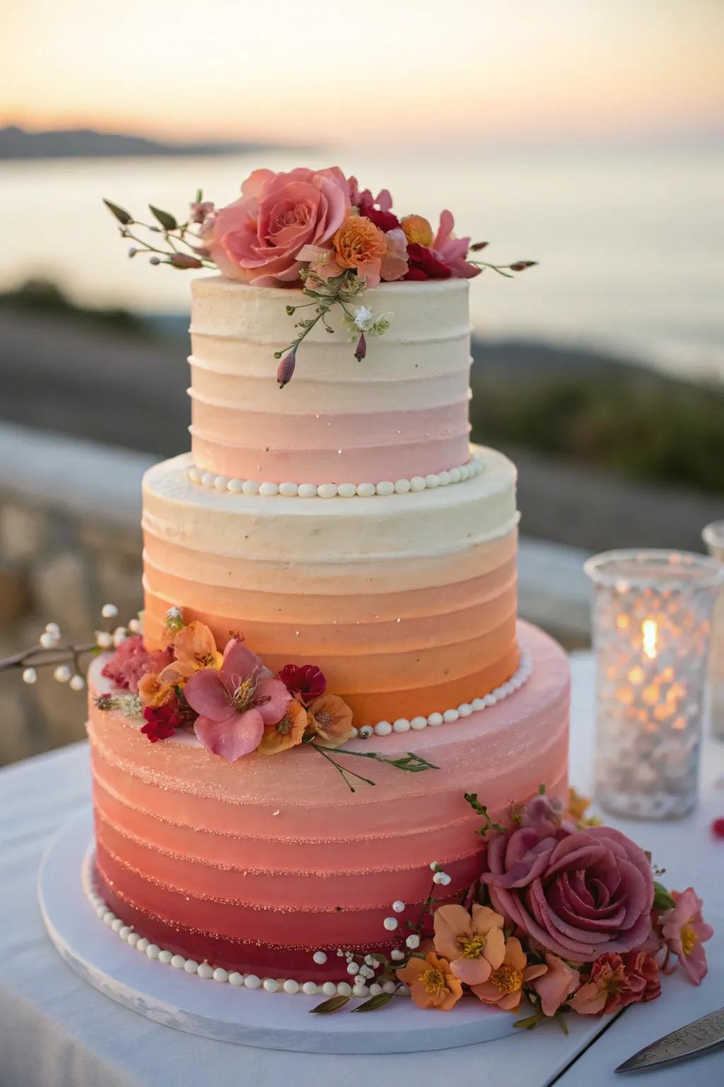 A sunset-themed wedding cake with ombré layers and edible flowers.