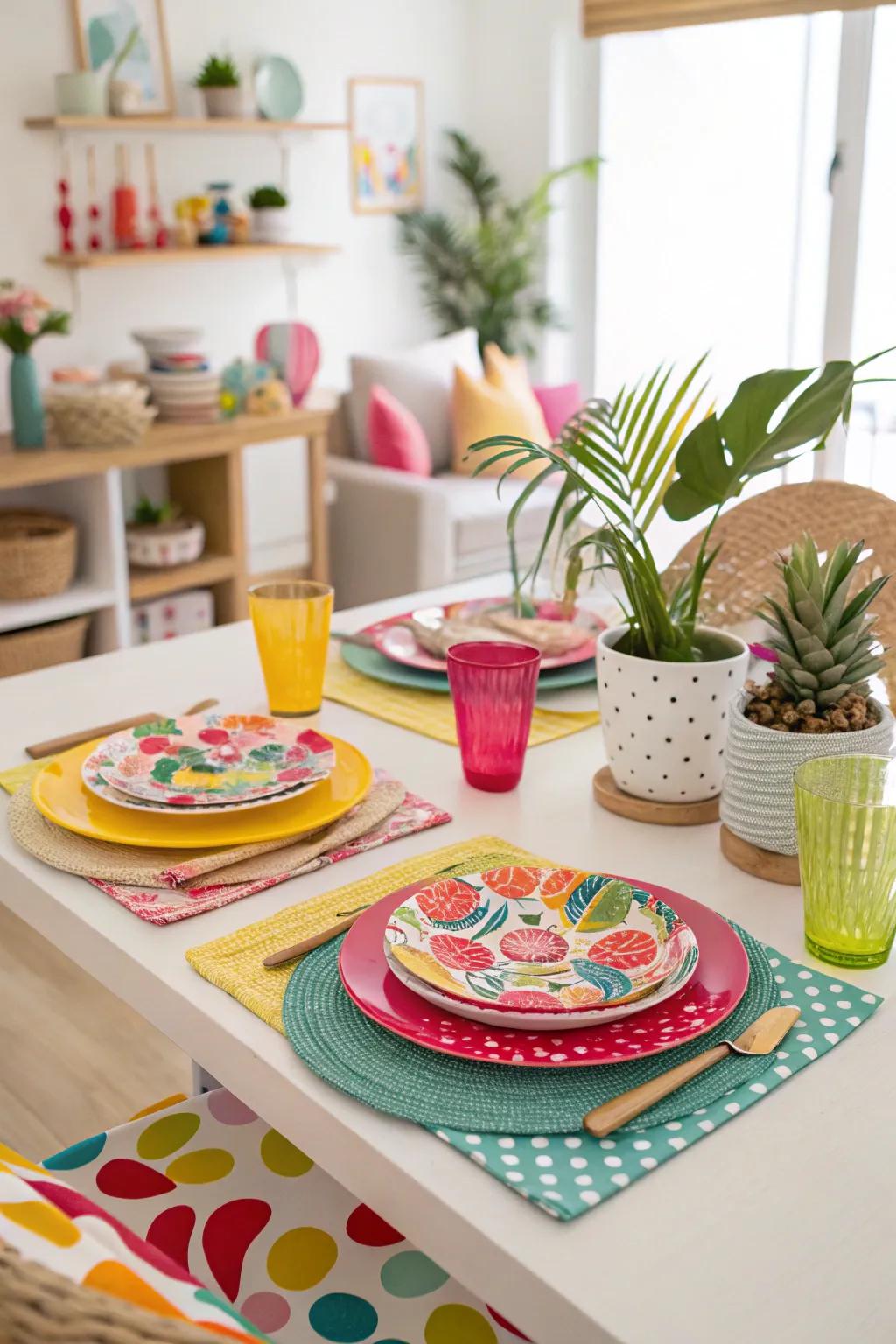 A playful table setting with vibrant colors and fun accessories.