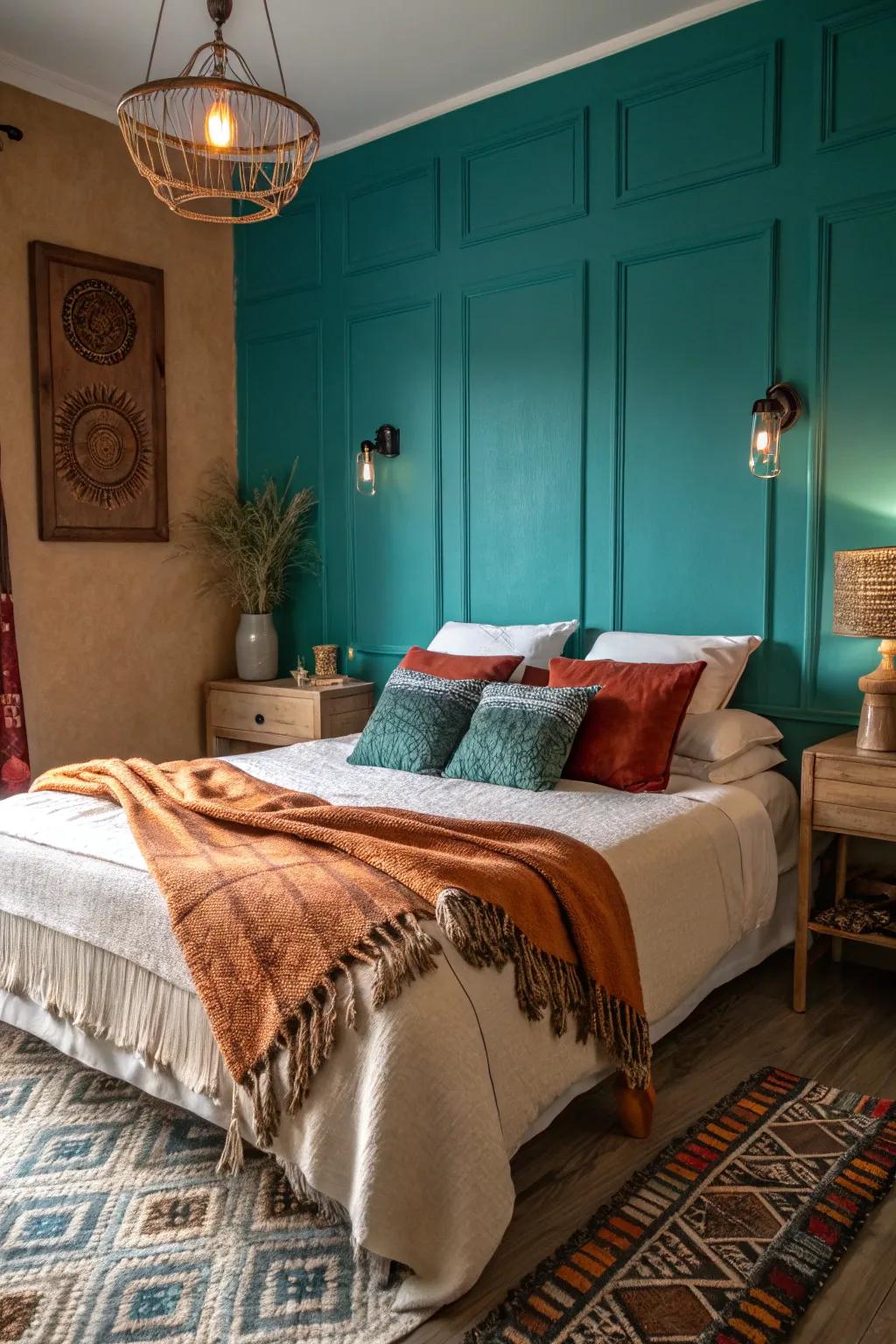 Cozy bedroom with a teal accent wall and warm textiles.