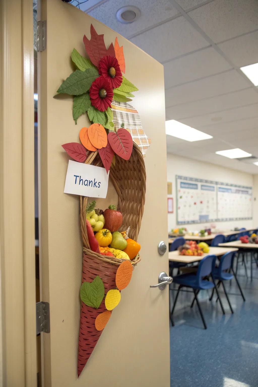 A classic cornucopia display filled with messages of gratitude.