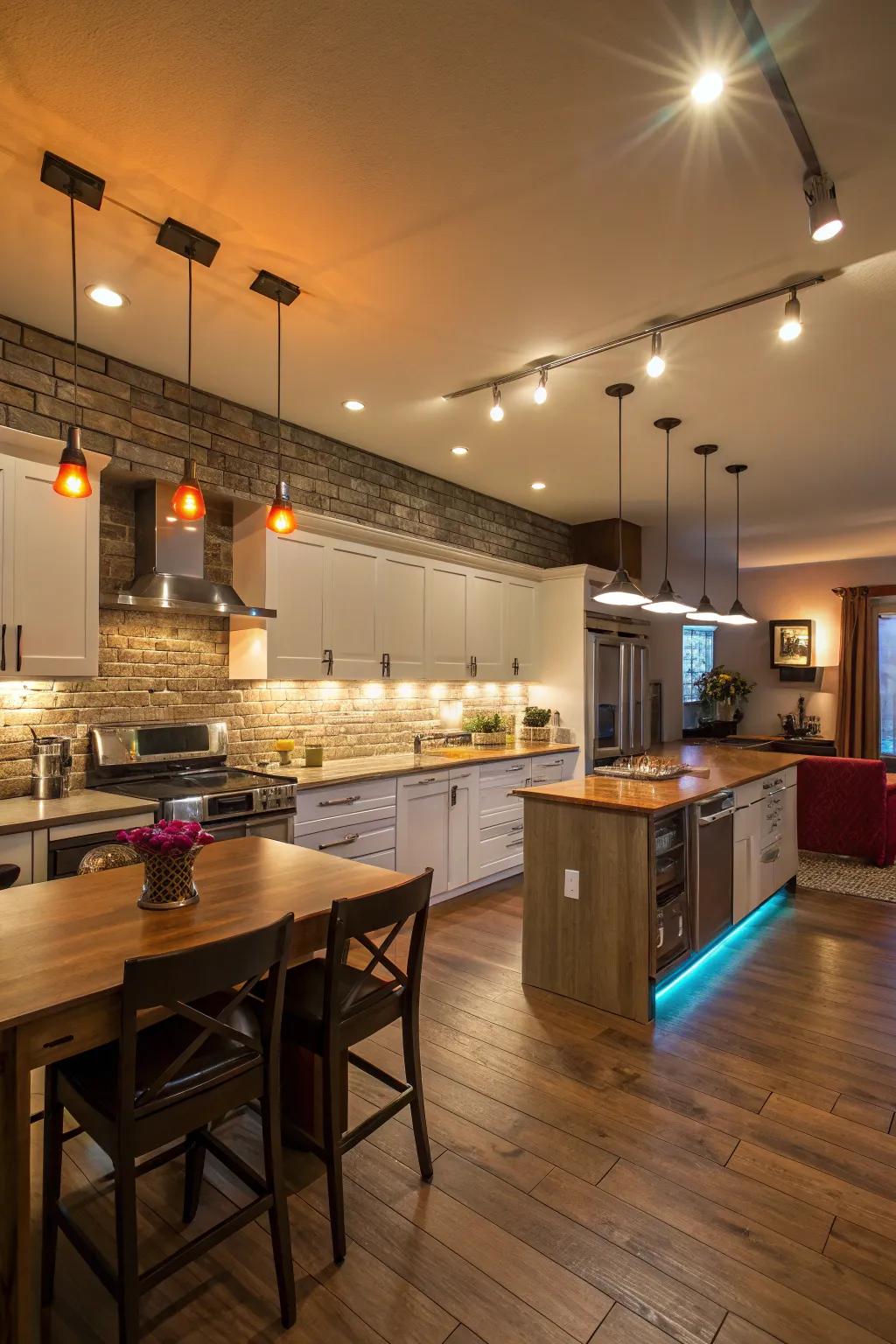 Various light colors altering the kitchen's atmosphere