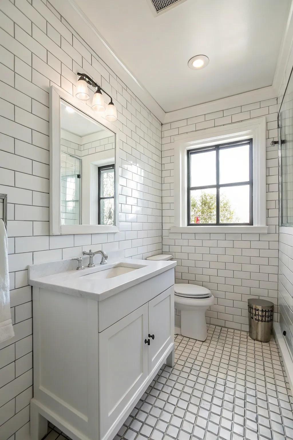 A white bathroom with classic rectangular tiles creating a pristine and sleek aesthetic.