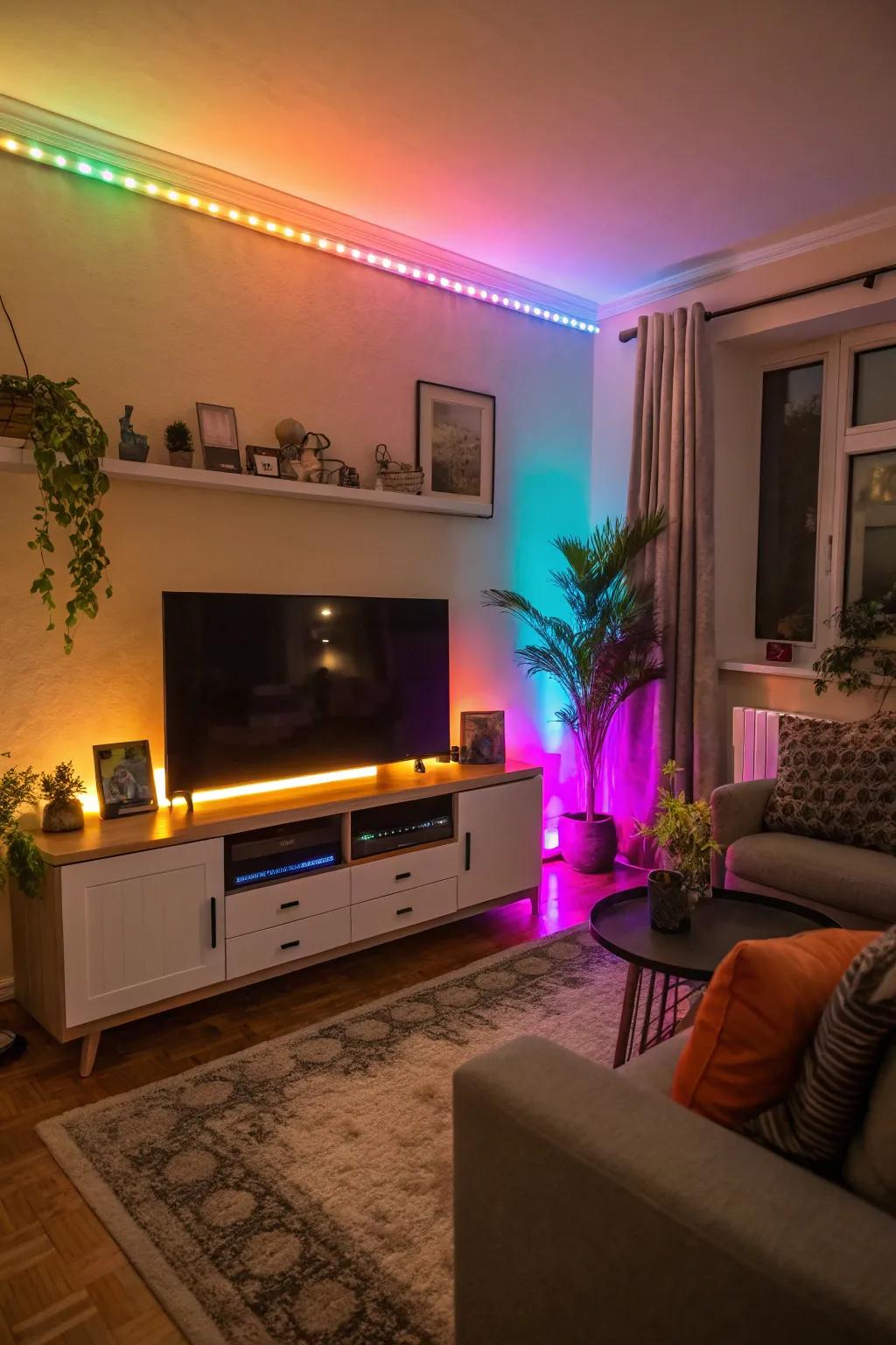 A TV wall enhanced by colorful LED accent lighting.