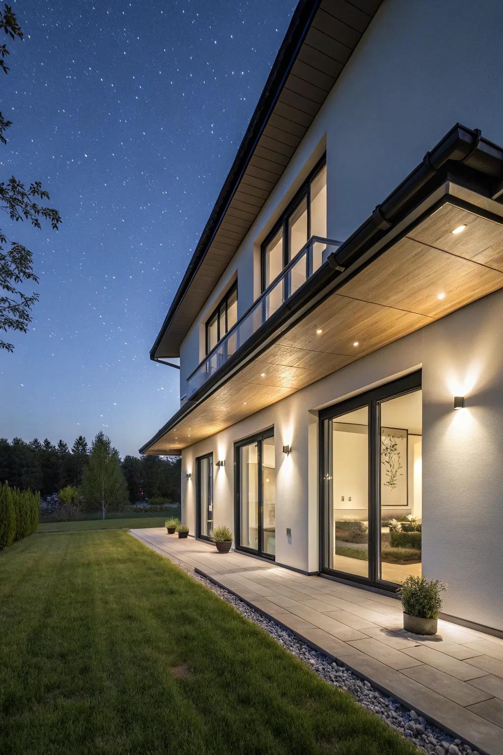 Modern fixtures add a sleek touch to the under eave lighting setup.