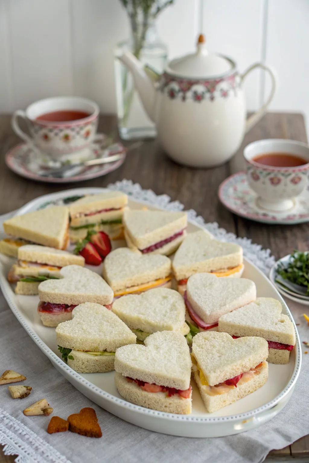 Sandwiches shaped like hearts with various fillings for a festive tea celebration.
